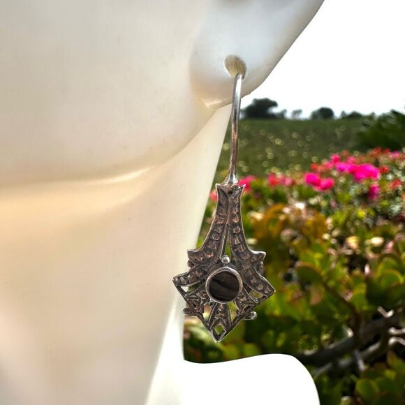 Art Deco Onyx and Marcasite Sterling silver earrings - Picture 3 of 9